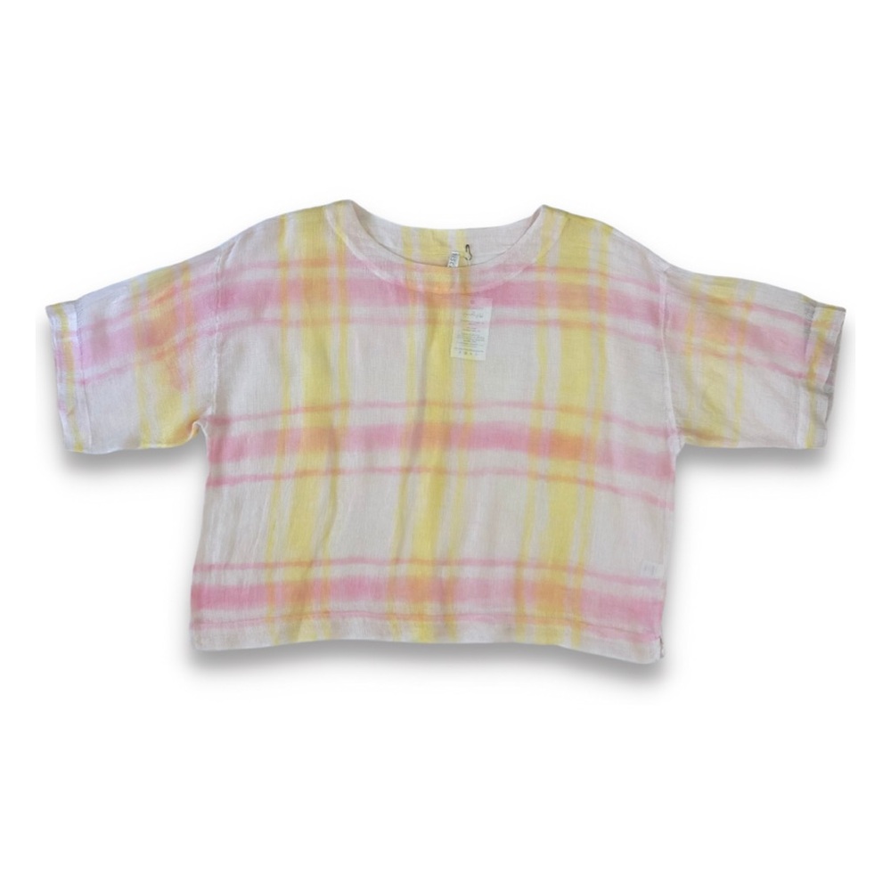 J Jill Pure Jill Reworked Hand Painted Plaid 100% Linen Kimono Blouse Size Large